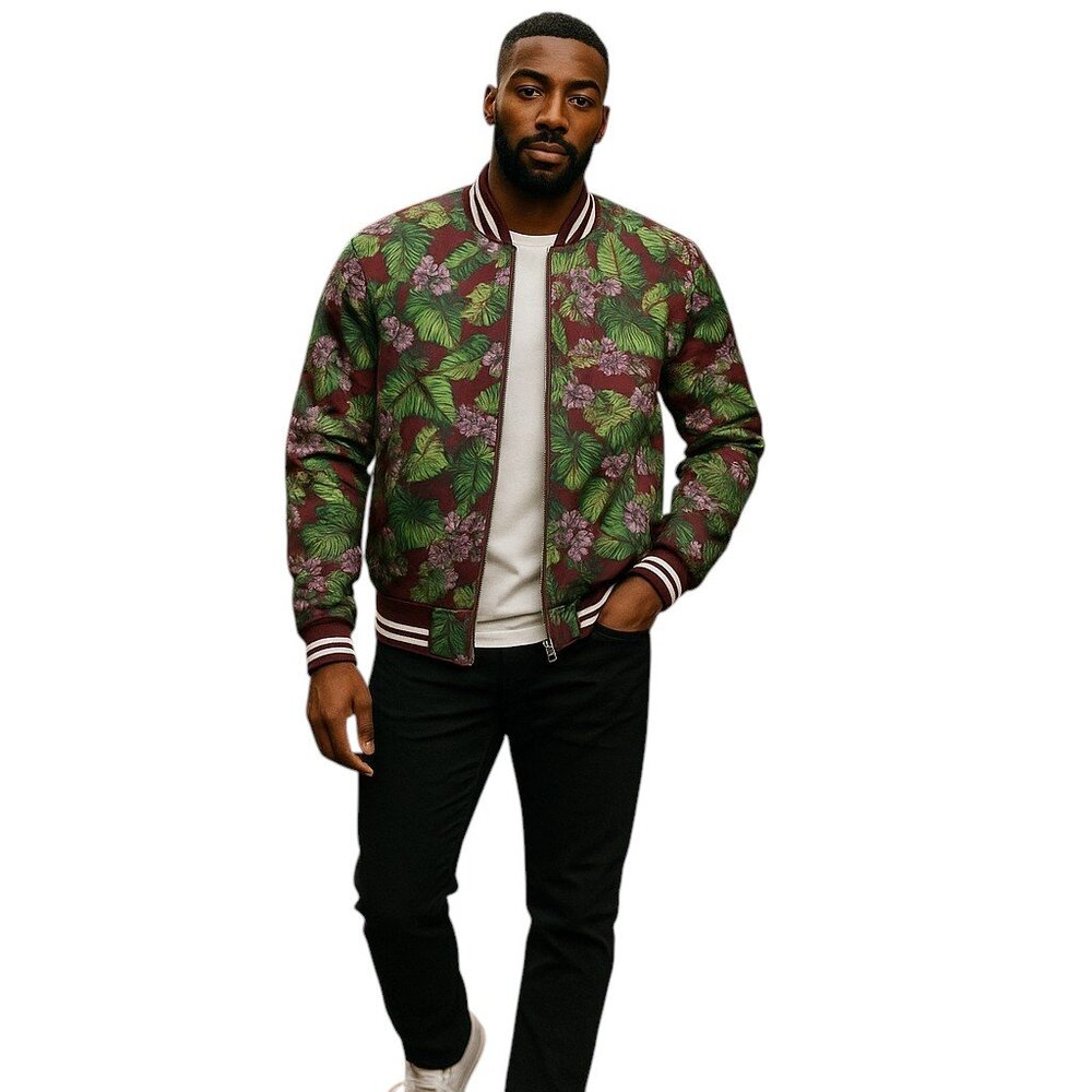 GSTQ by Dany Garcia Mens M Burgundy Green Floral Bomber Jacket NWT